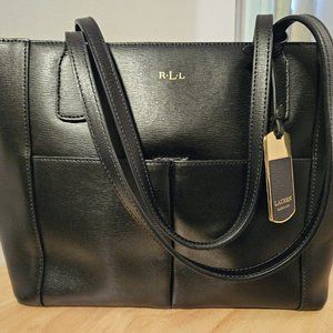 Ralph Lauren RLL Large Black Handbag Shoulder Tote Pockets Hang Tag Like New